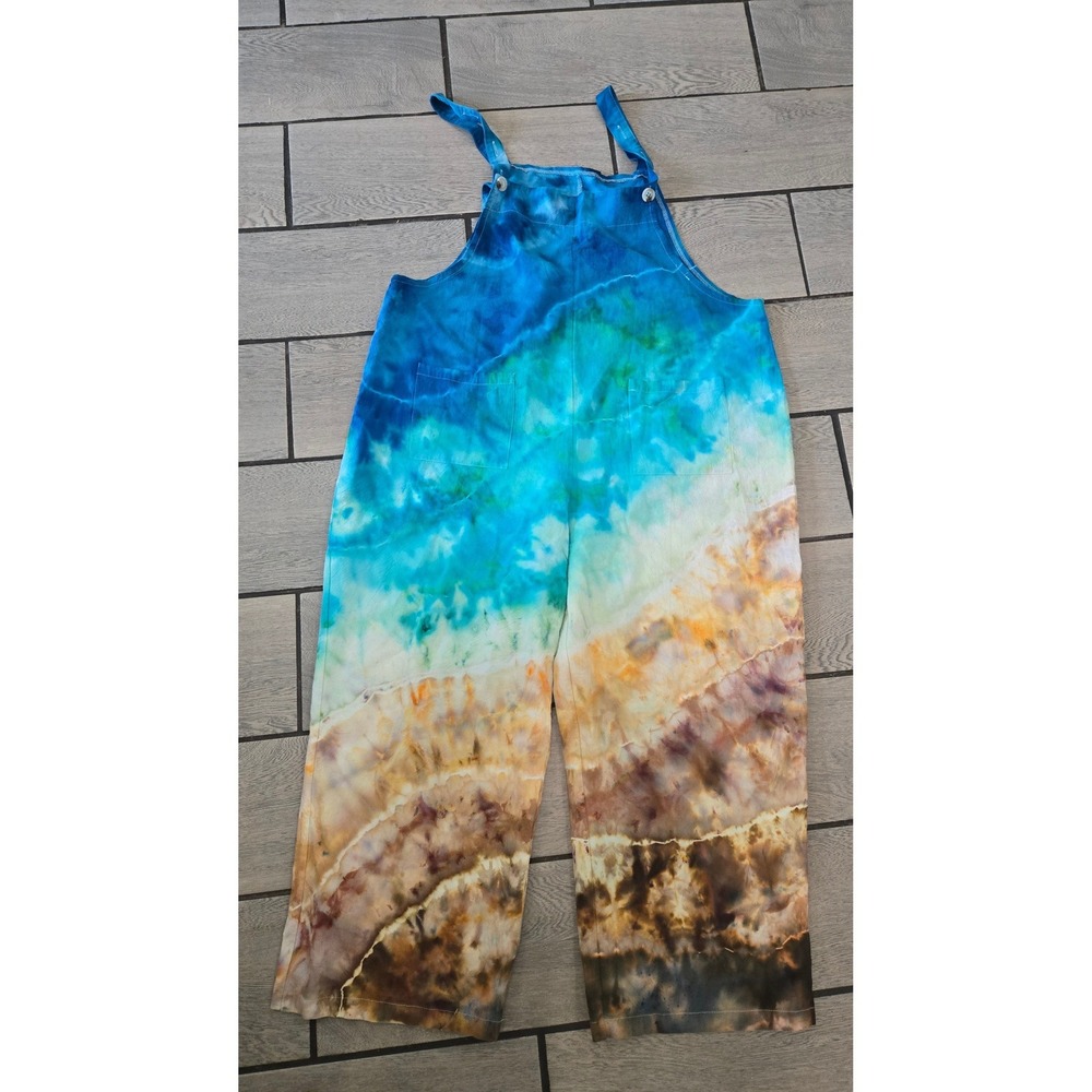 Hand Ice Dyed Cotton Overalls Blue Brown Geode Beach Landscape Wide Leg XL